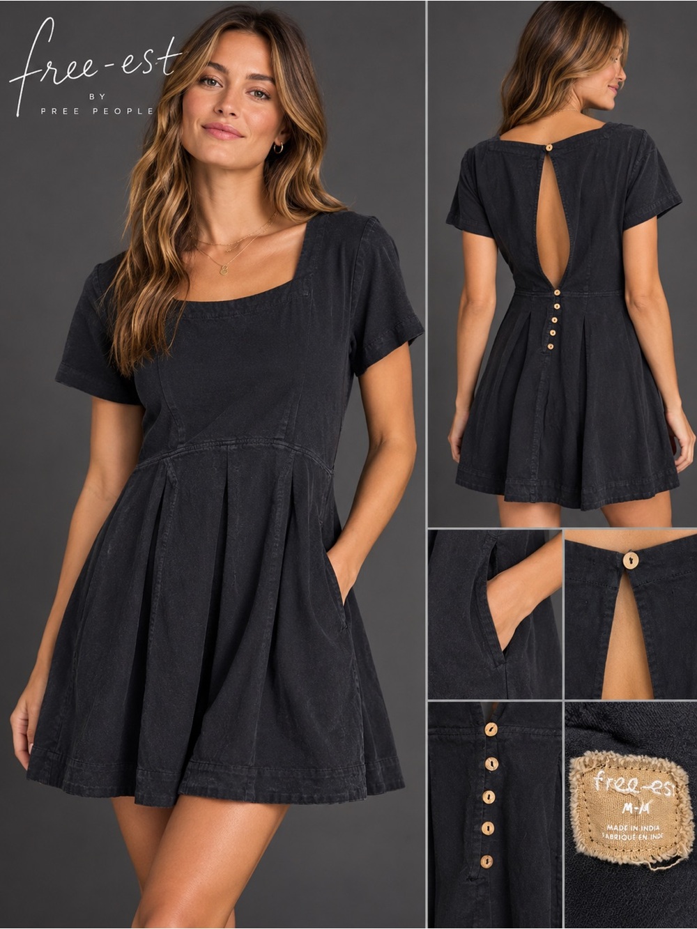 Free People Free-est Black Cotton Open Back Mini Dress M Fit Flare Pockets